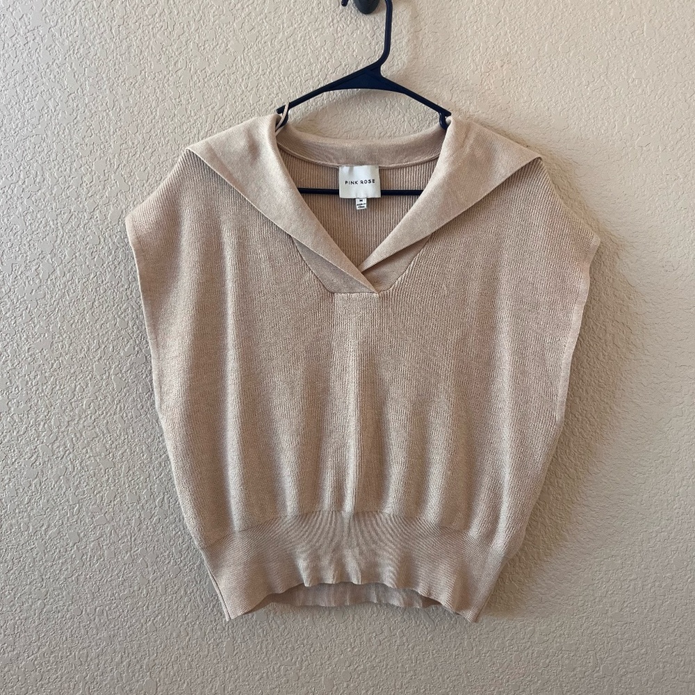 Pink Rose Cream V-Neck Sweater Top with Texture and Color NOWT